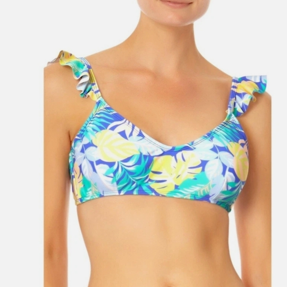 No Boundaries NEW Ruffle Strap Bikini Top Tropical Palm Print V-Neck